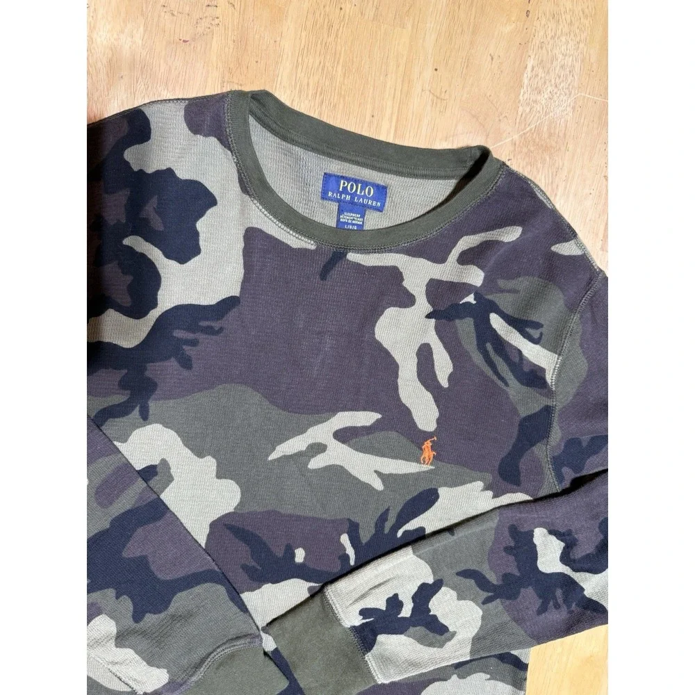 Polo Ralph Lauren Camo Thermal Waffle Knit Sleepwear Shirt Men's L Orange Pony